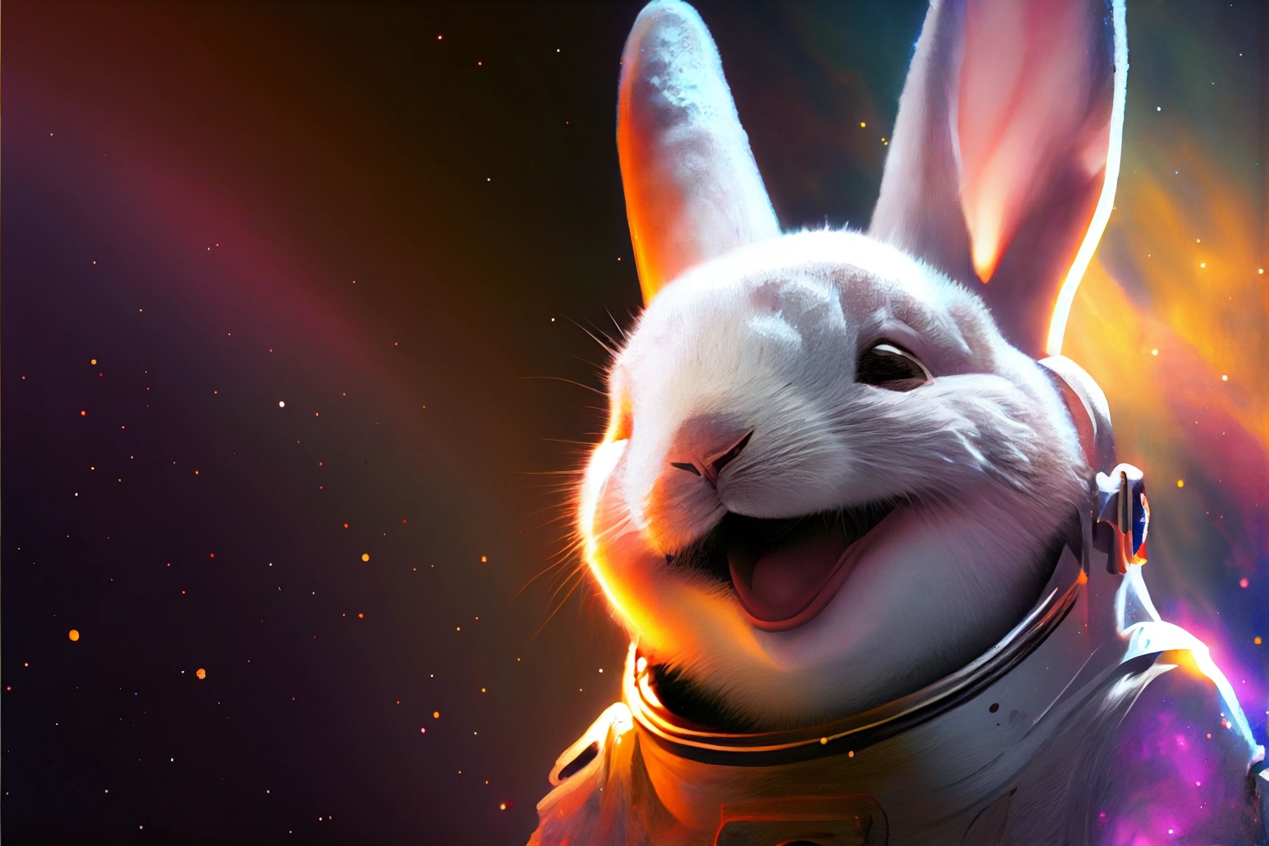 amazed and thankful baby rabbit dressed as an astronaout laughing out laud,Pixar style, nebula abstract, warm and happy, eyes with dilated pupils, anthropomorphic,two ears, bright studio lighting